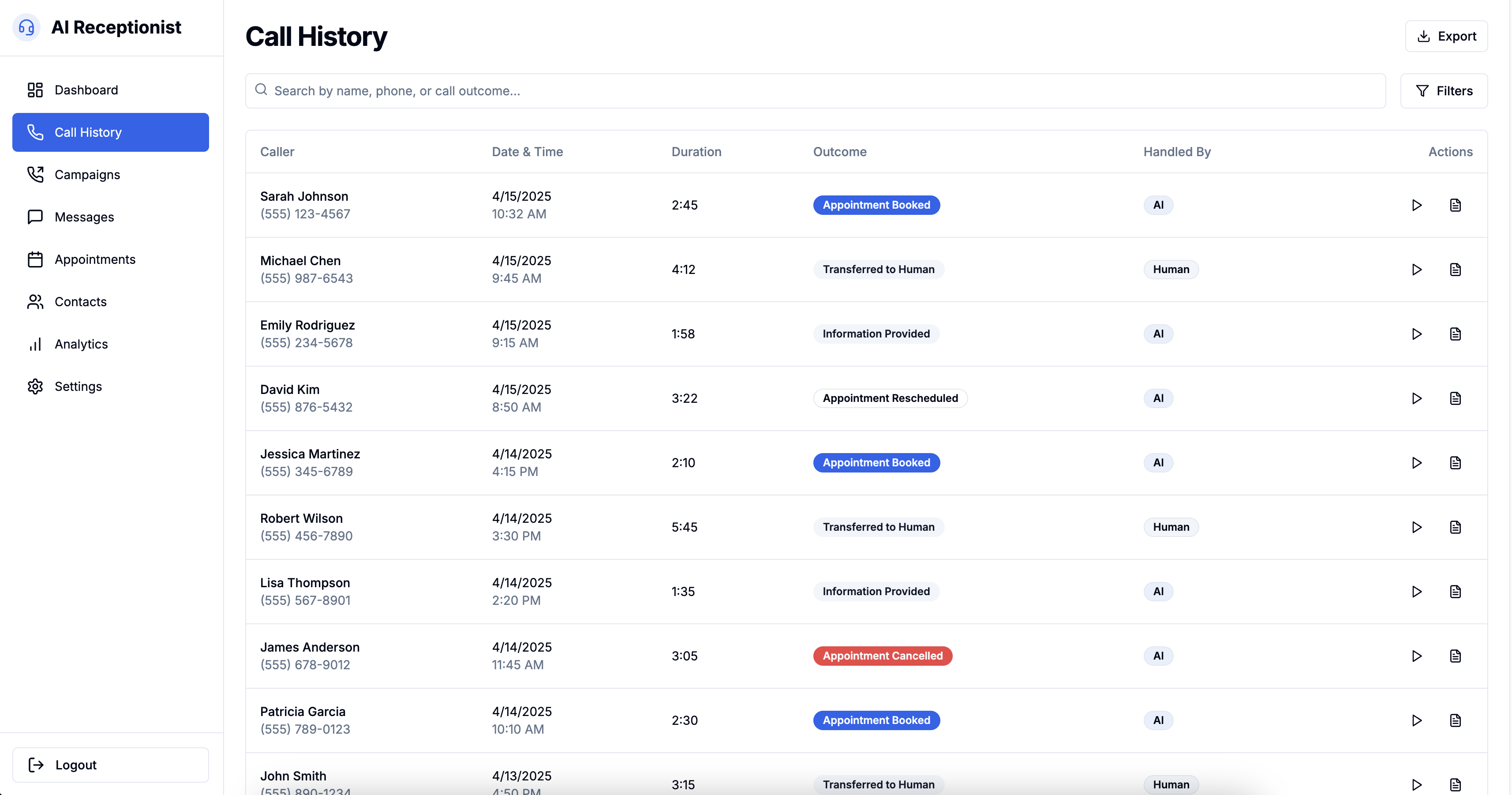 Call History Interface