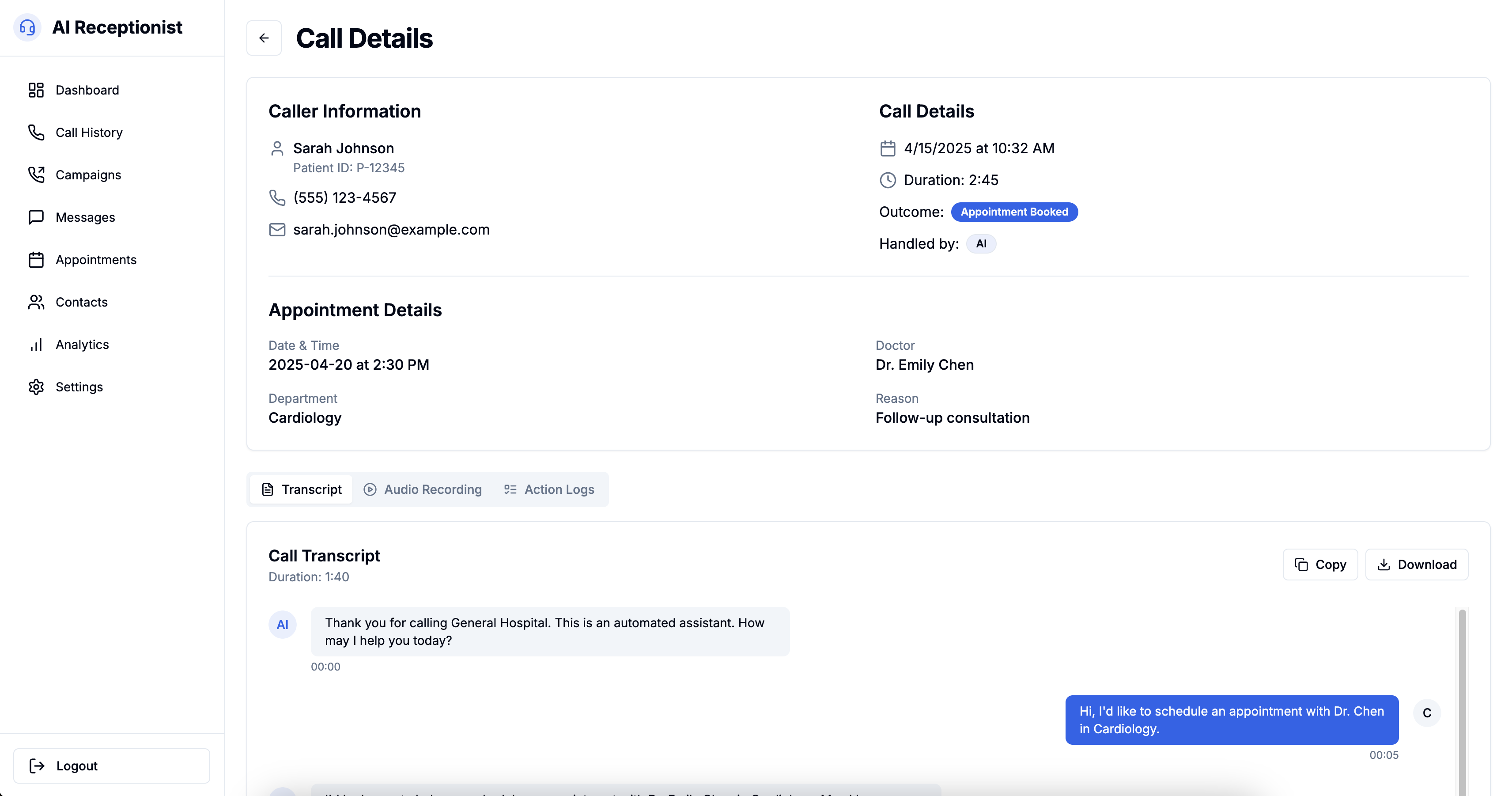 Call Transcript and Recording Interface